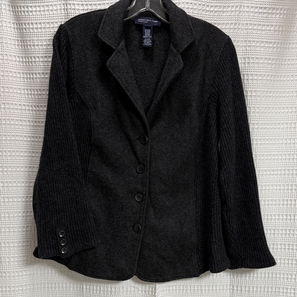 Wool‎ Sweater Blazer Charcoal mixed felted and ribbed knit SZ XL career work GUC